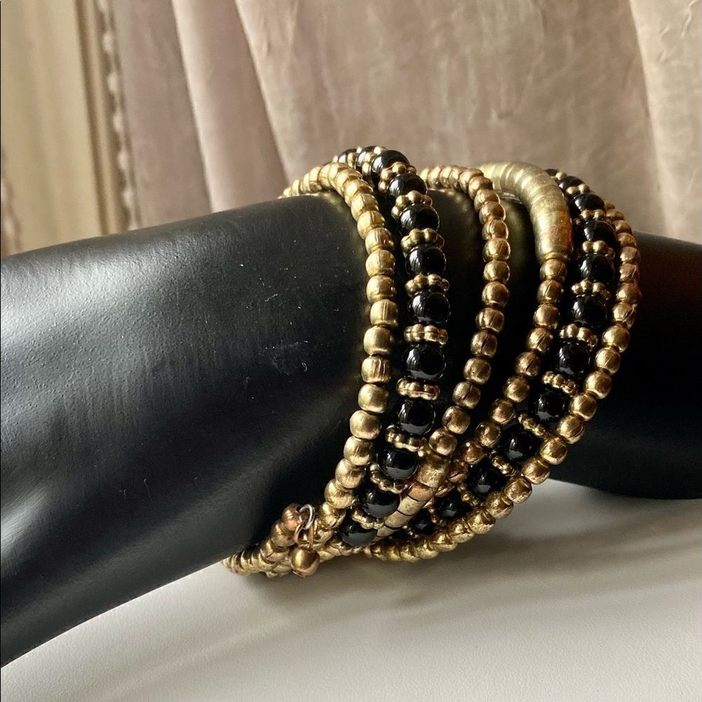 Boho Gold Tone & Black Beads Bracelet